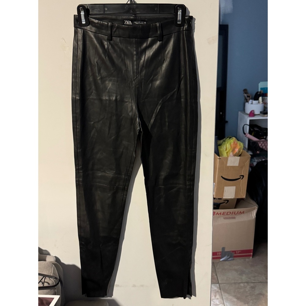 Zara Womens Black Faux Leather High Waisted Skinny Pants Ankle Slit Size XS